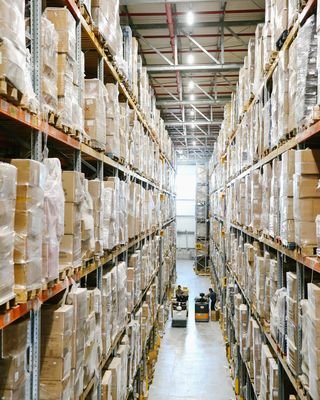Cartons racked on warehouse shelving