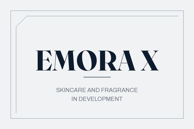 Typographic plate reading Emora X, skincare and fragrance platform, in development