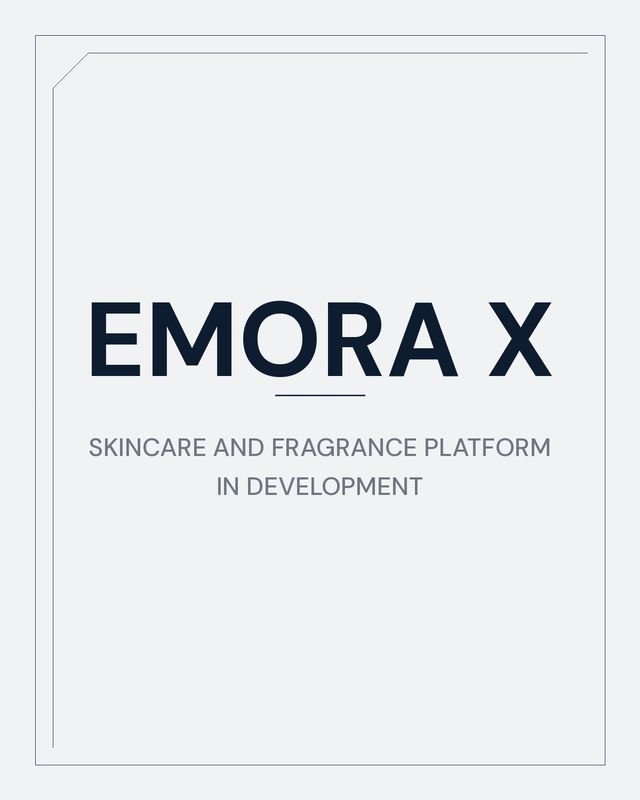 Typographic plate reading Emora X, skincare and fragrance platform, in development